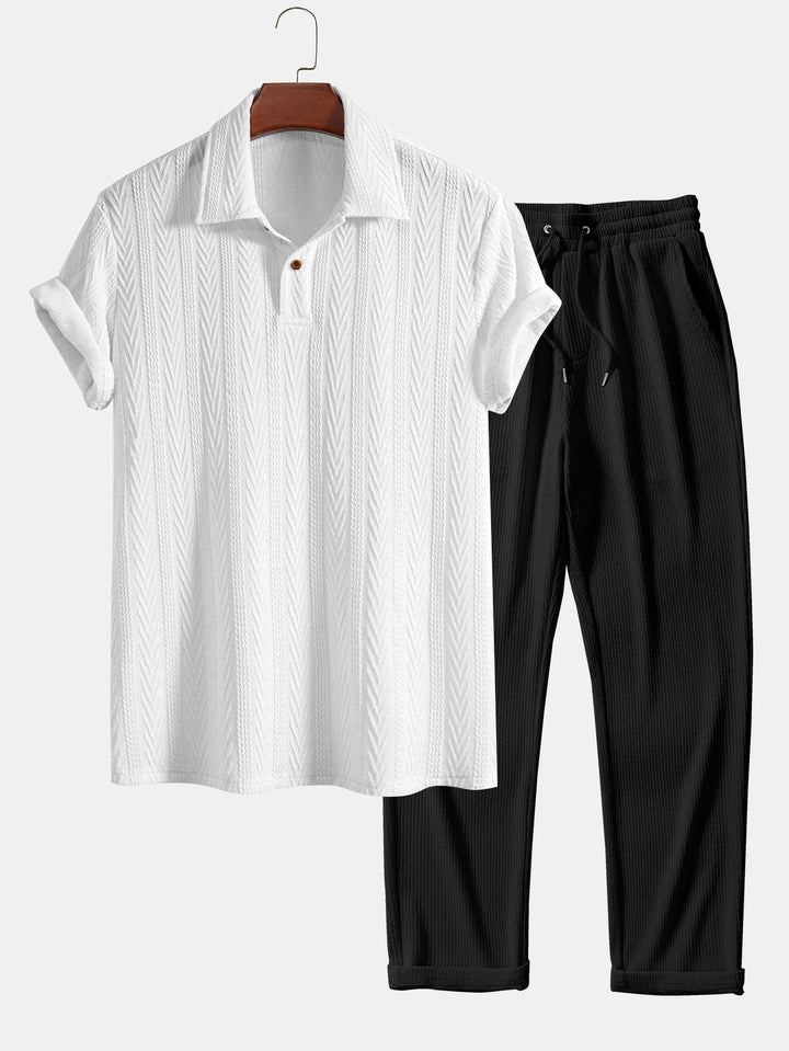 Short Sleeve Jacquard Polo &amp; Straight Leg Ribbed Pants