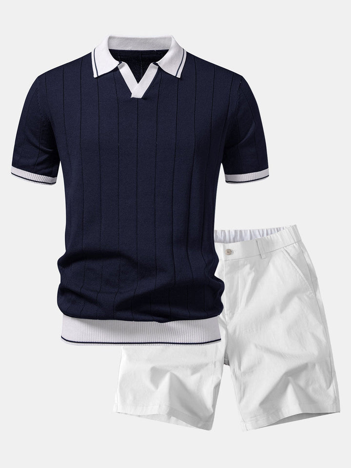 Contrast Trim Ribbed Johnny Collar Knit Polo &amp; Elastic Waist Chino Shorts