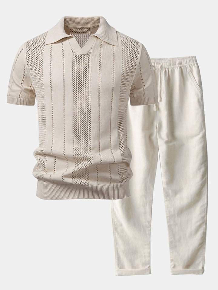 Johnny Collar Striped Open Knit Polo &amp; Straight Leg Linen Pants