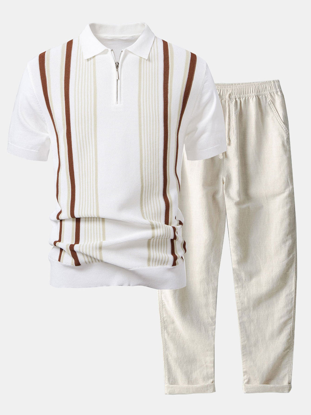Stripe Knit Zip Up Polo Shirt &amp; Straight Leg Linen Pants