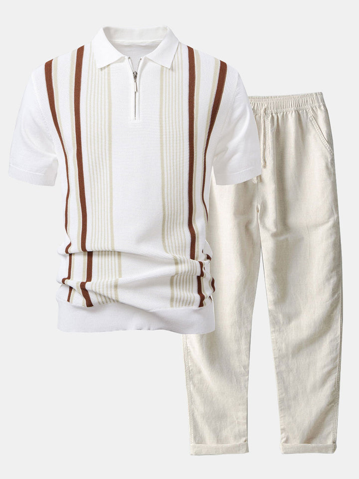 Stripe Knit Zip Up Polo Shirt &amp; Straight Leg Linen Pants