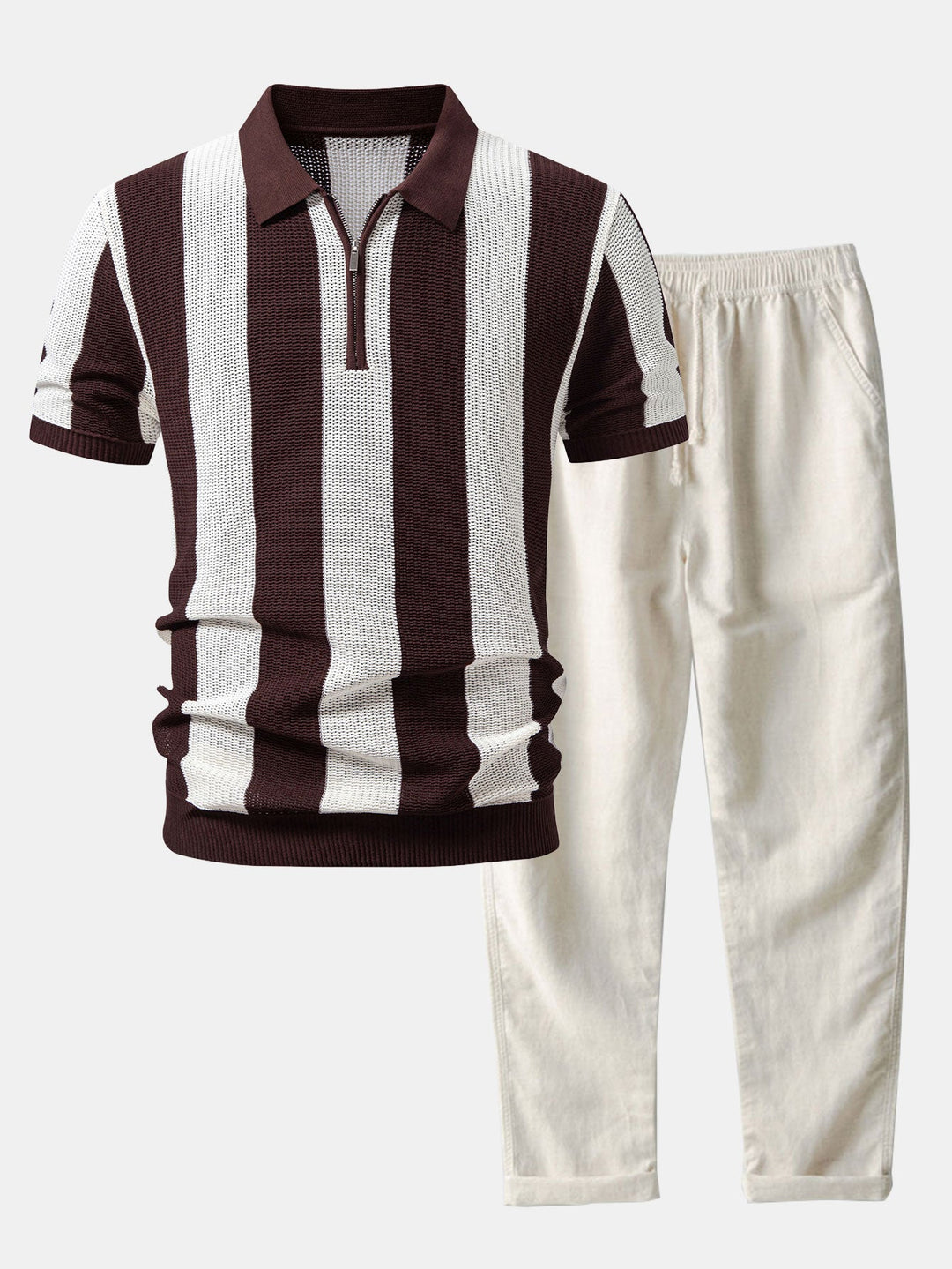 Stripe Zipper Open Knit Polo &amp; Straight Leg Linen Pants