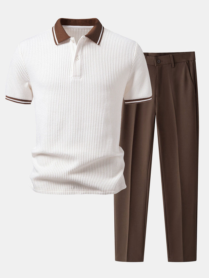 Contrast Stripe Trim Waffle Polo &amp; Slim Fit Tapered Trousers