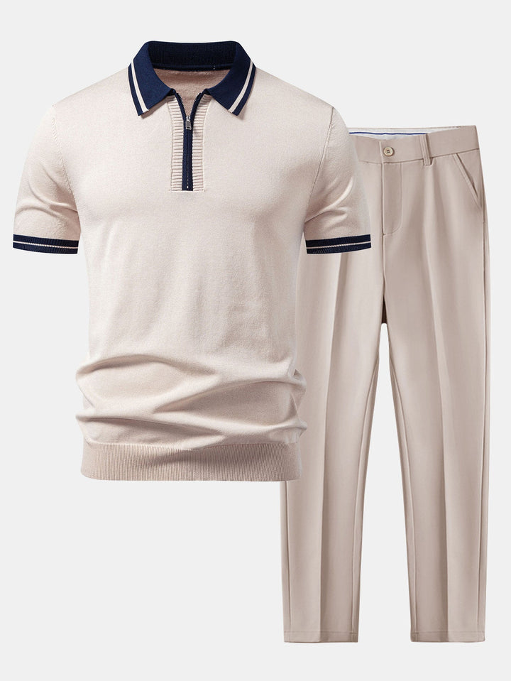 Contrast Trim Zipper Knit Polo &amp; Slim Fit Tapered Trousers