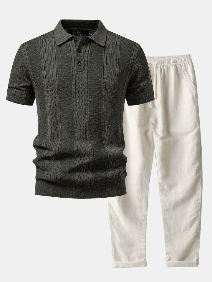 Linen Textured Knit Polo &amp; Straight Leg Linen Pants