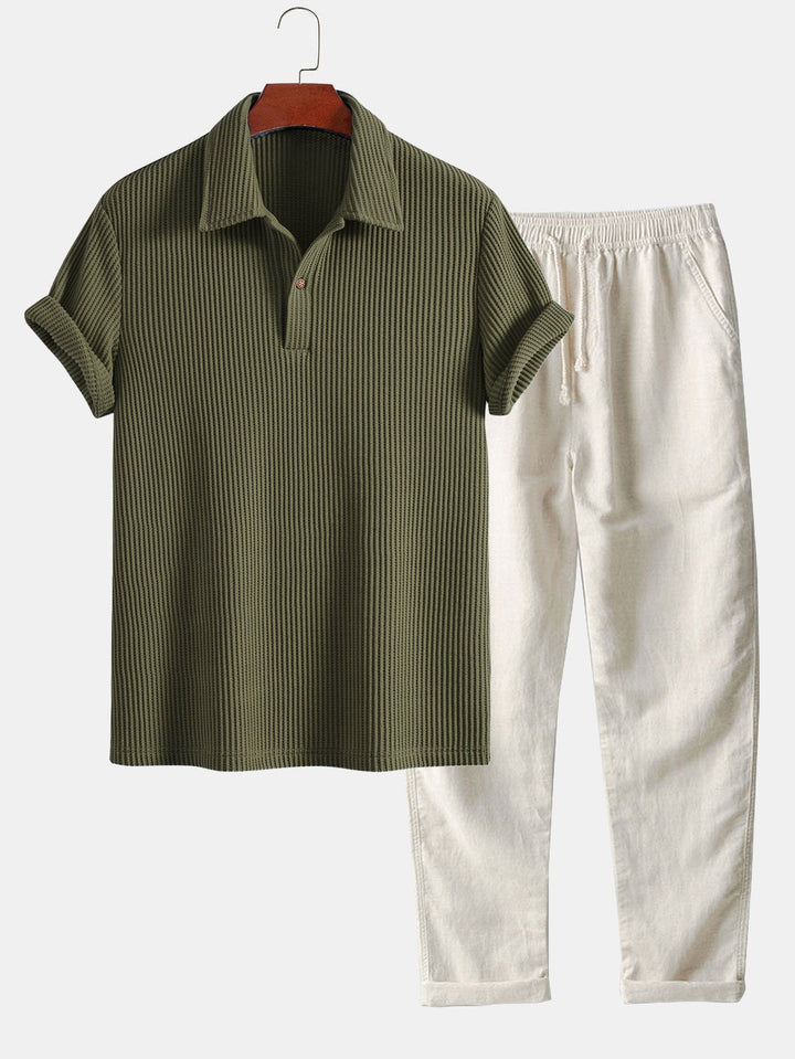 Short Sleeved Waffle Polo &amp; Straight Leg Linen Pants