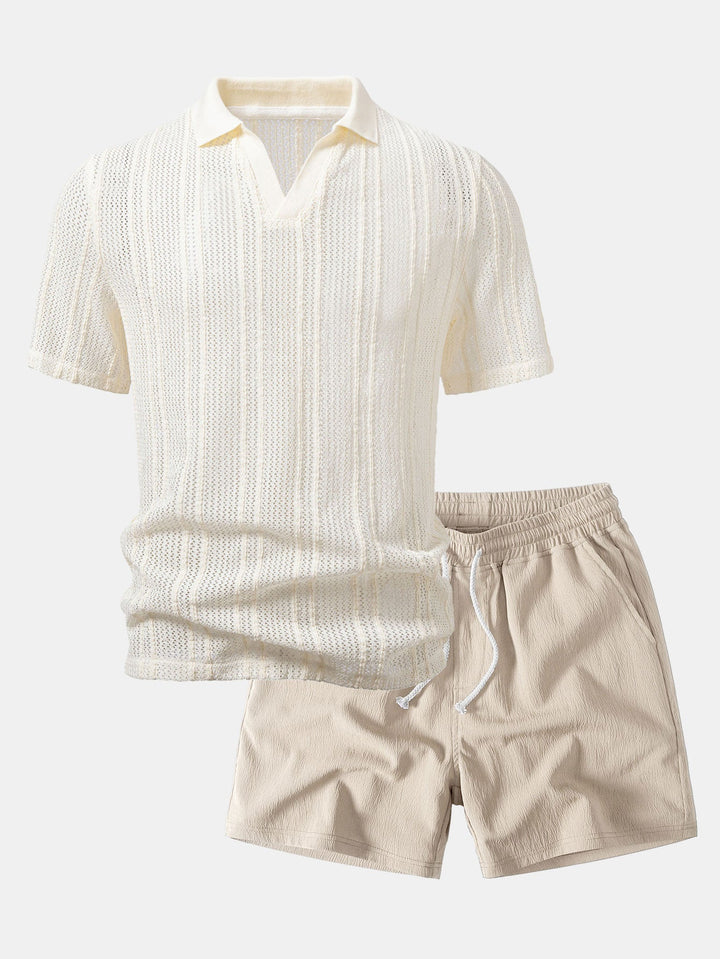 Relax Fit Striped Open Knit Polo &amp; Crinkle Textured Drawstring 5" Shorts