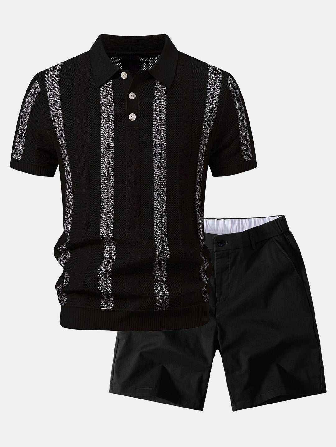 Striped Textured Knit Polo &amp; Elastic Waist Chino Shorts