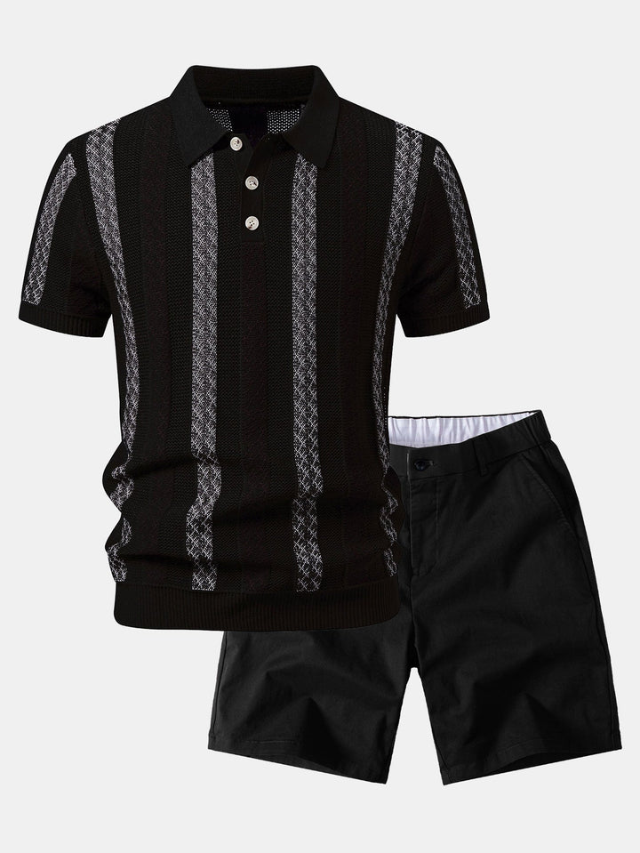Striped Textured Knit Polo &amp; Elastic Waist Chino Shorts
