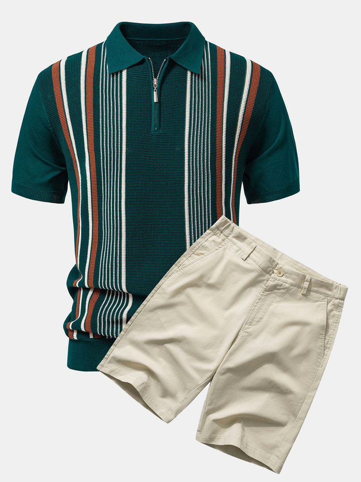 Stripe Knit Zip Up Polo Shirt &amp; Cotton Chino Shorts