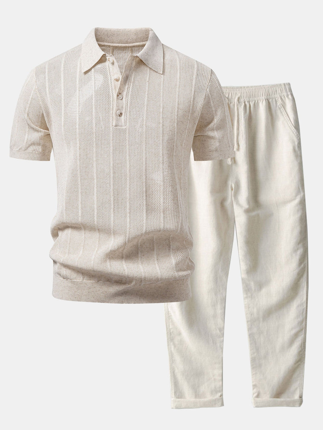 Linen Stripe Open Knit Polo &amp; Straight Leg Linen Pants