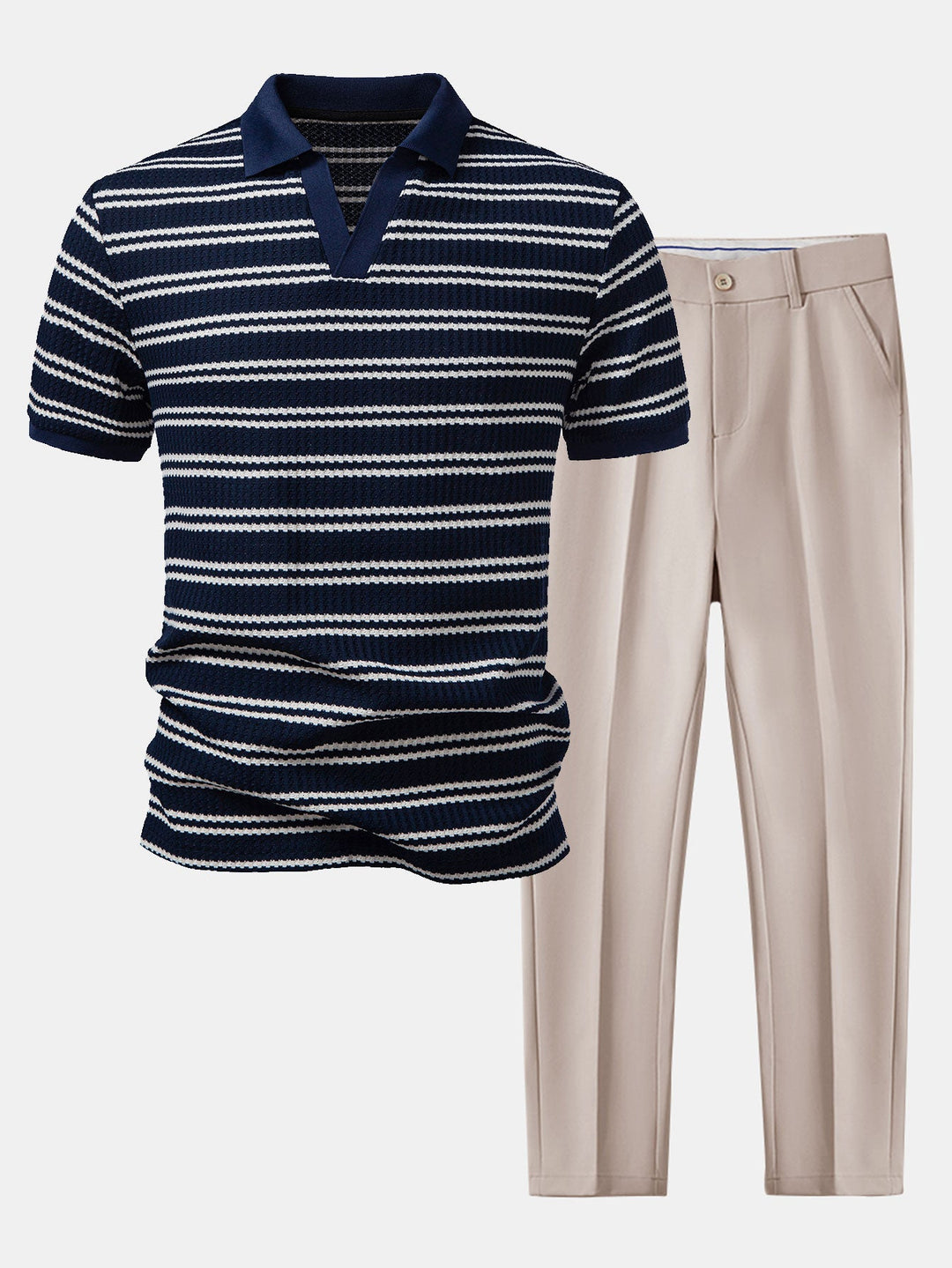 Stripe Waffle Johnny Collar Polo &amp; Slim Fit Tapered Trousers
