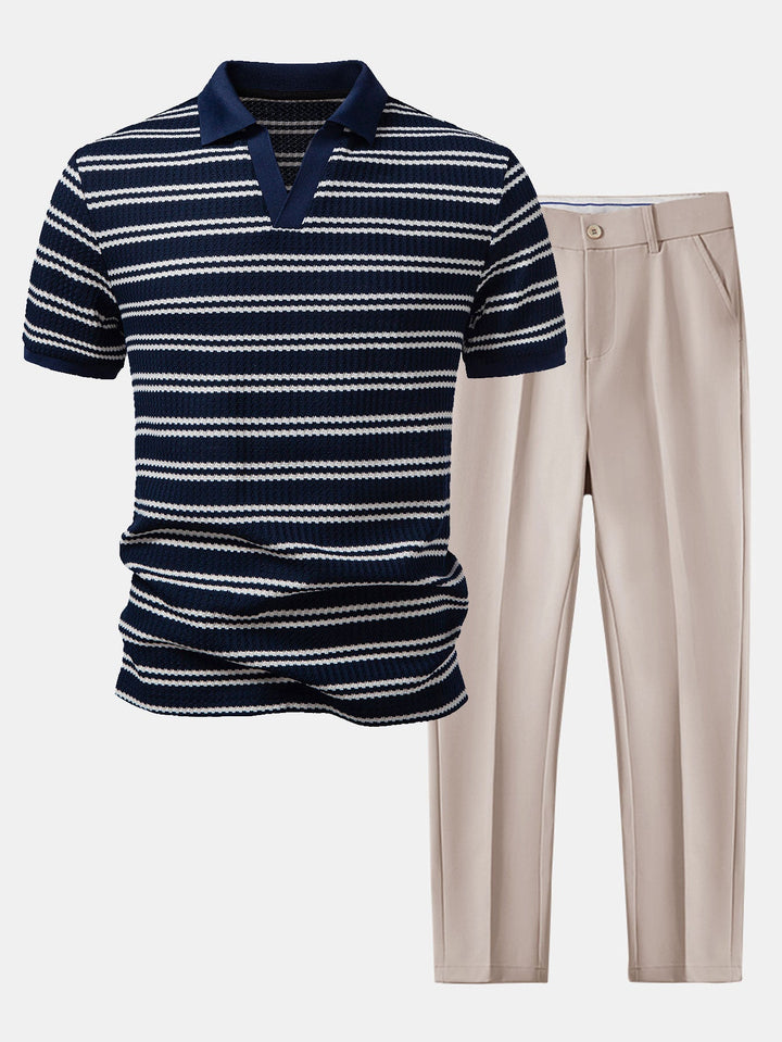 Stripe Waffle Johnny Collar Polo &amp; Slim Fit Tapered Trousers