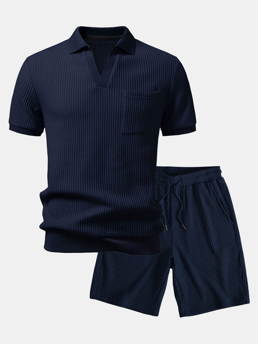 Waffle Johnny Collar Polo With Pocket &amp; Drawstring Knitted Waffle Shorts