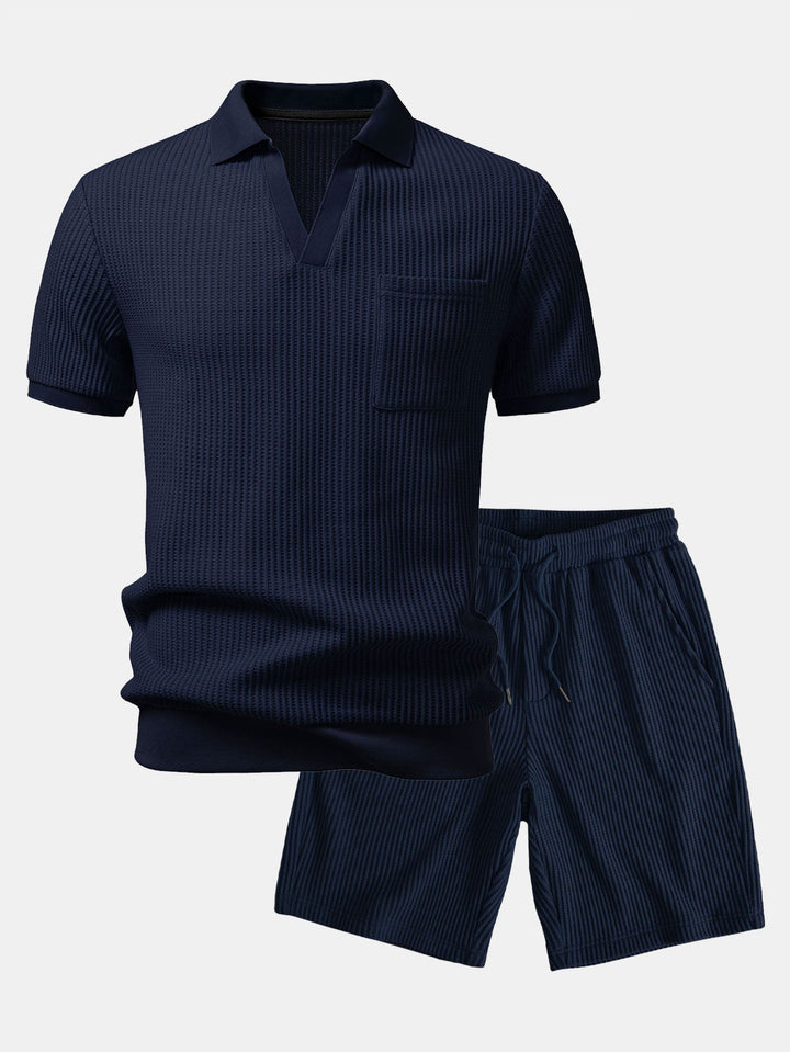 Waffle Johnny Collar Polo With Pocket &amp; Drawstring Knitted Waffle Shorts