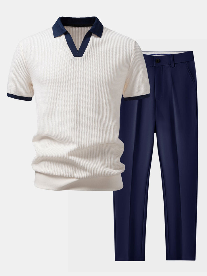 Contrast Knit Waffle Johnny Collar Polo &amp; Slim Fit Tapered Trousers