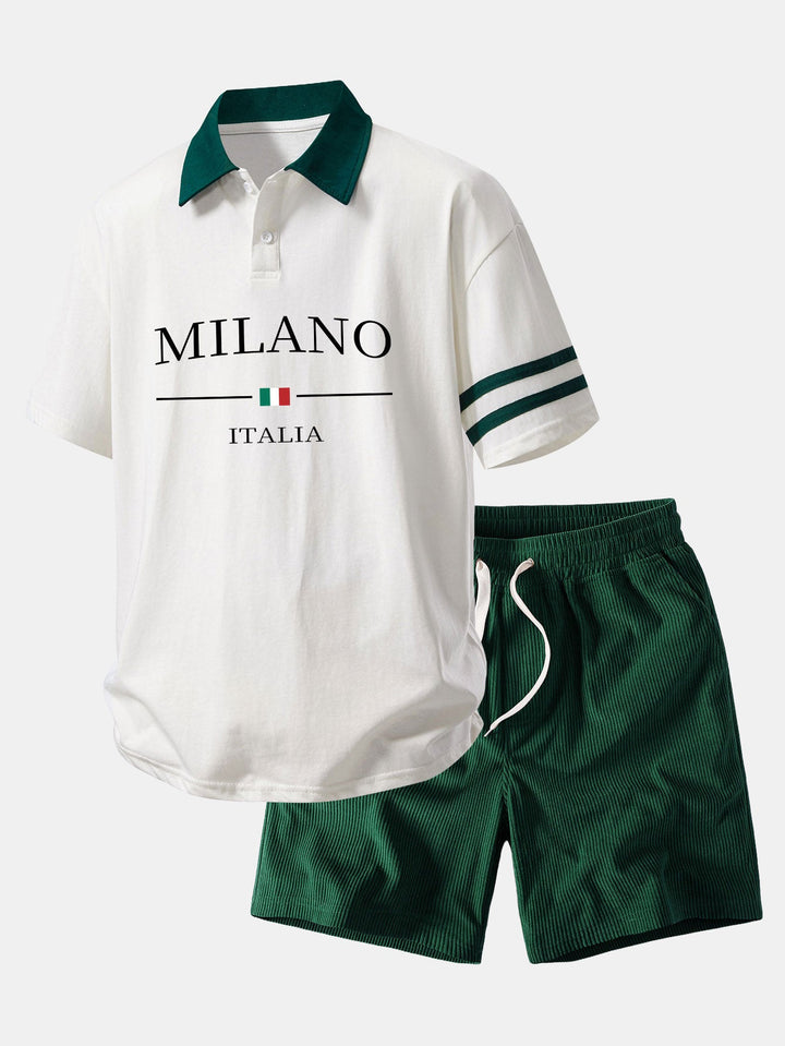 Relax Fit Milano Print Contrast Collar Polo Shirt &amp; Corduroy 7" Shorts