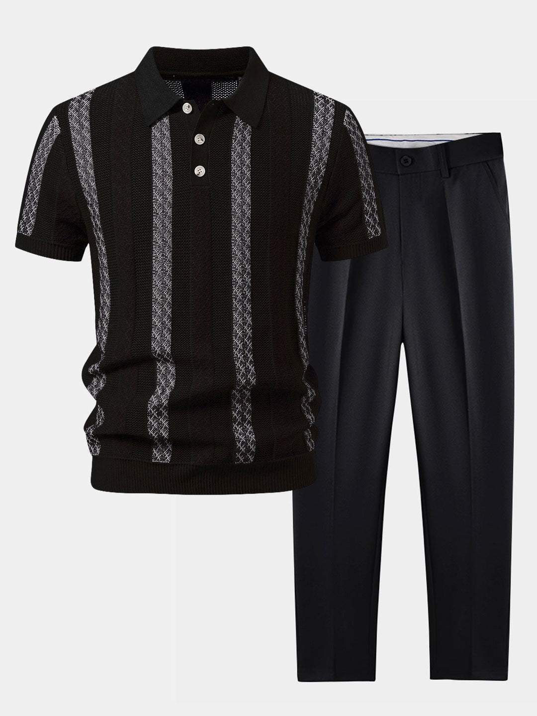 Striped Textured Knit Polo &amp; Slim Fit Tapered Trousers