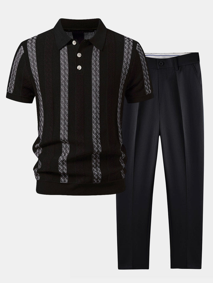 Striped Textured Knit Polo &amp; Slim Fit Tapered Trousers