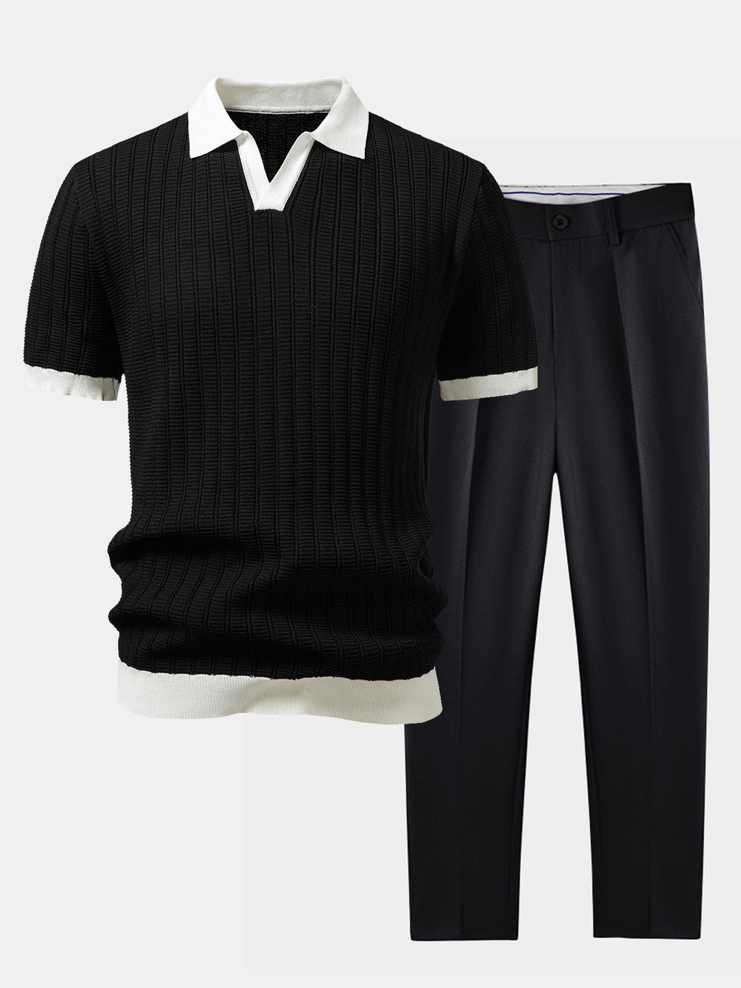 Contrast Textured Johnny Collar Knit Polo &amp; Slim Fit Tapered Trousers