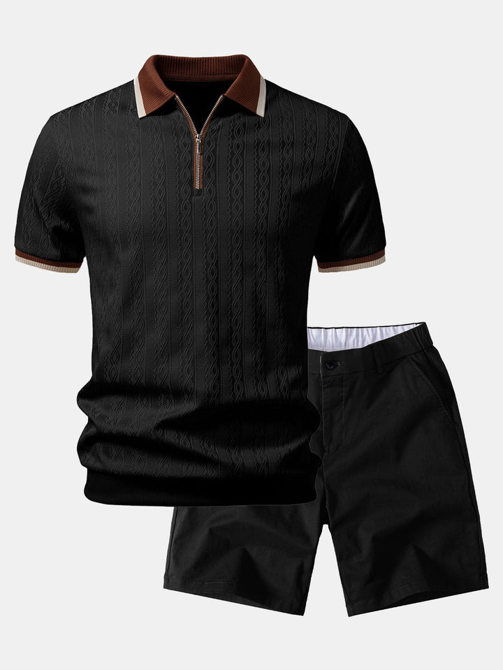 Contrast Trim Textured Zipper Knit Polo &amp; Elastic Waist Chino Shorts