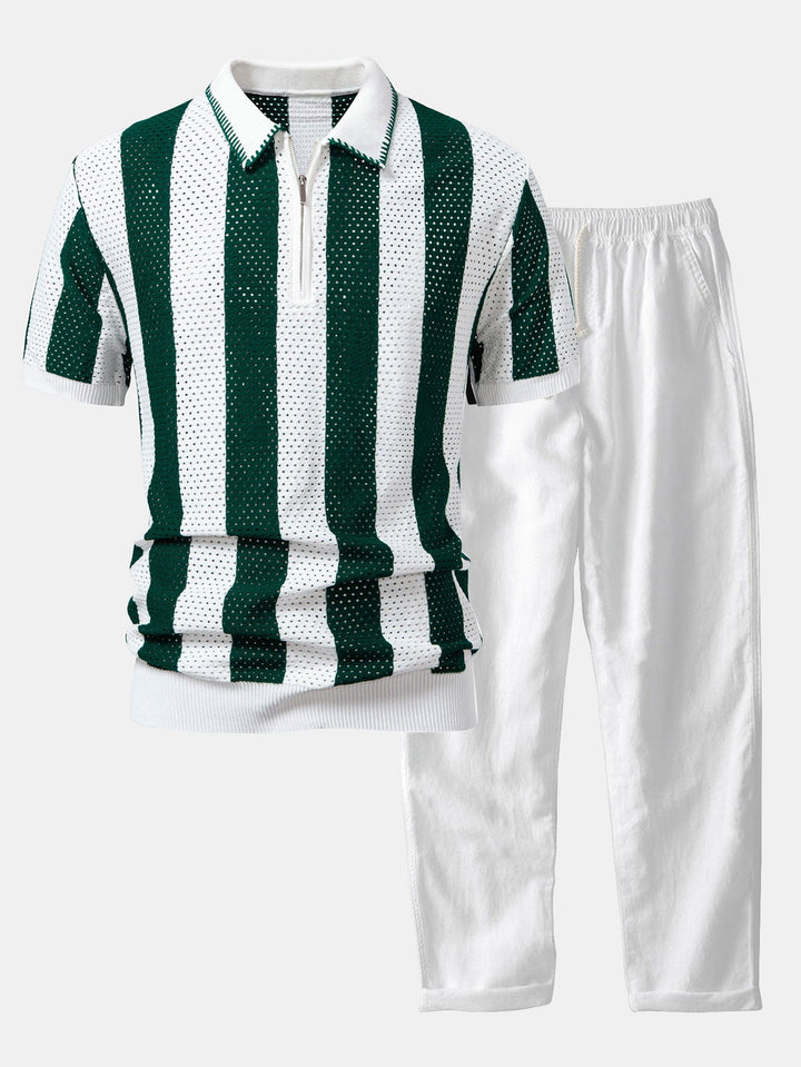 Striped Eyelet Knit Zip Up Polo Shirt &amp; Straight Leg Linen Pants
