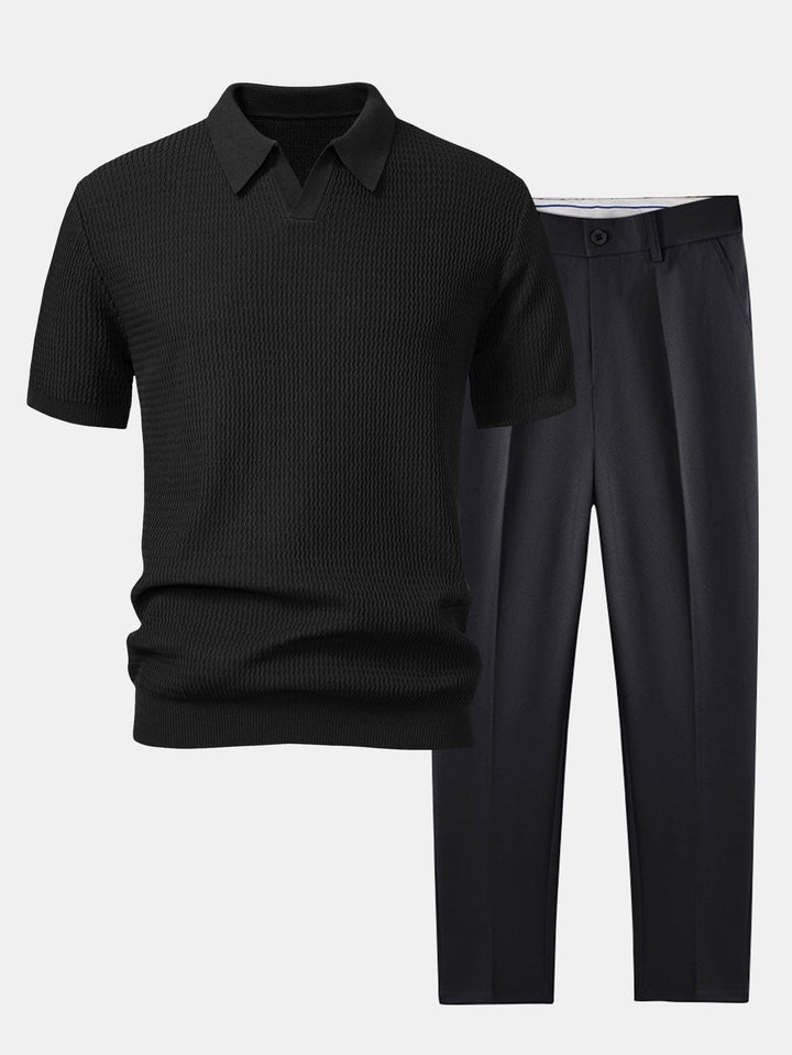 Wave Jacquard Knit V Neck Polo Shirt &amp; Slim Fit Tapered Trousers