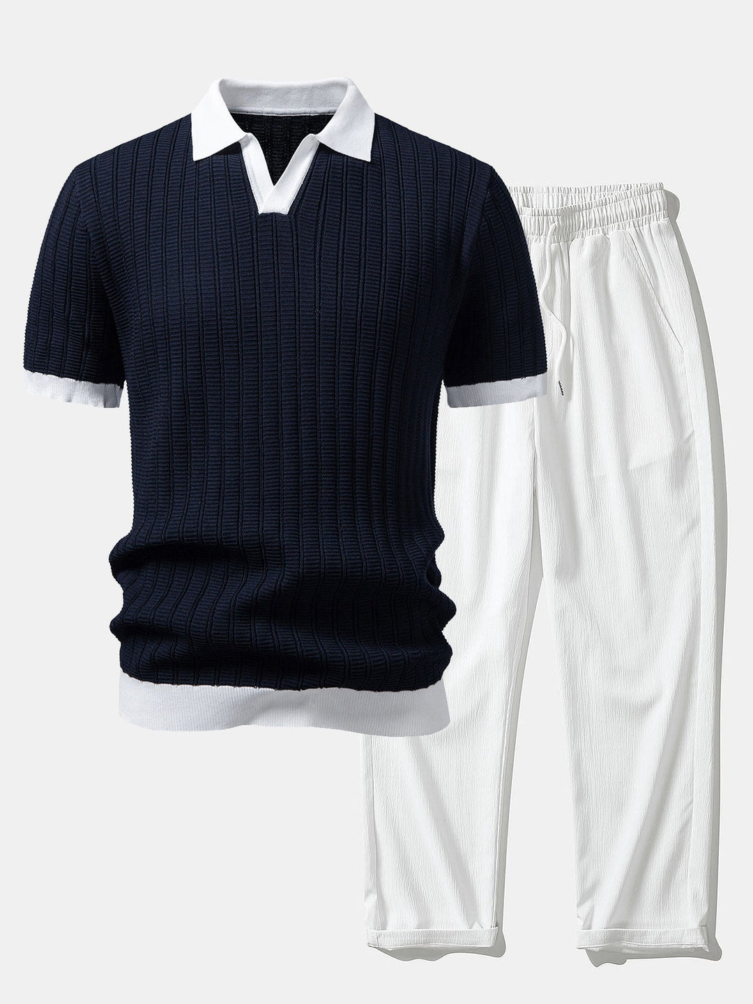 Contrast Textured Johnny Collar Knit Polo &amp; Crinkle Textured Straight Leg Pants