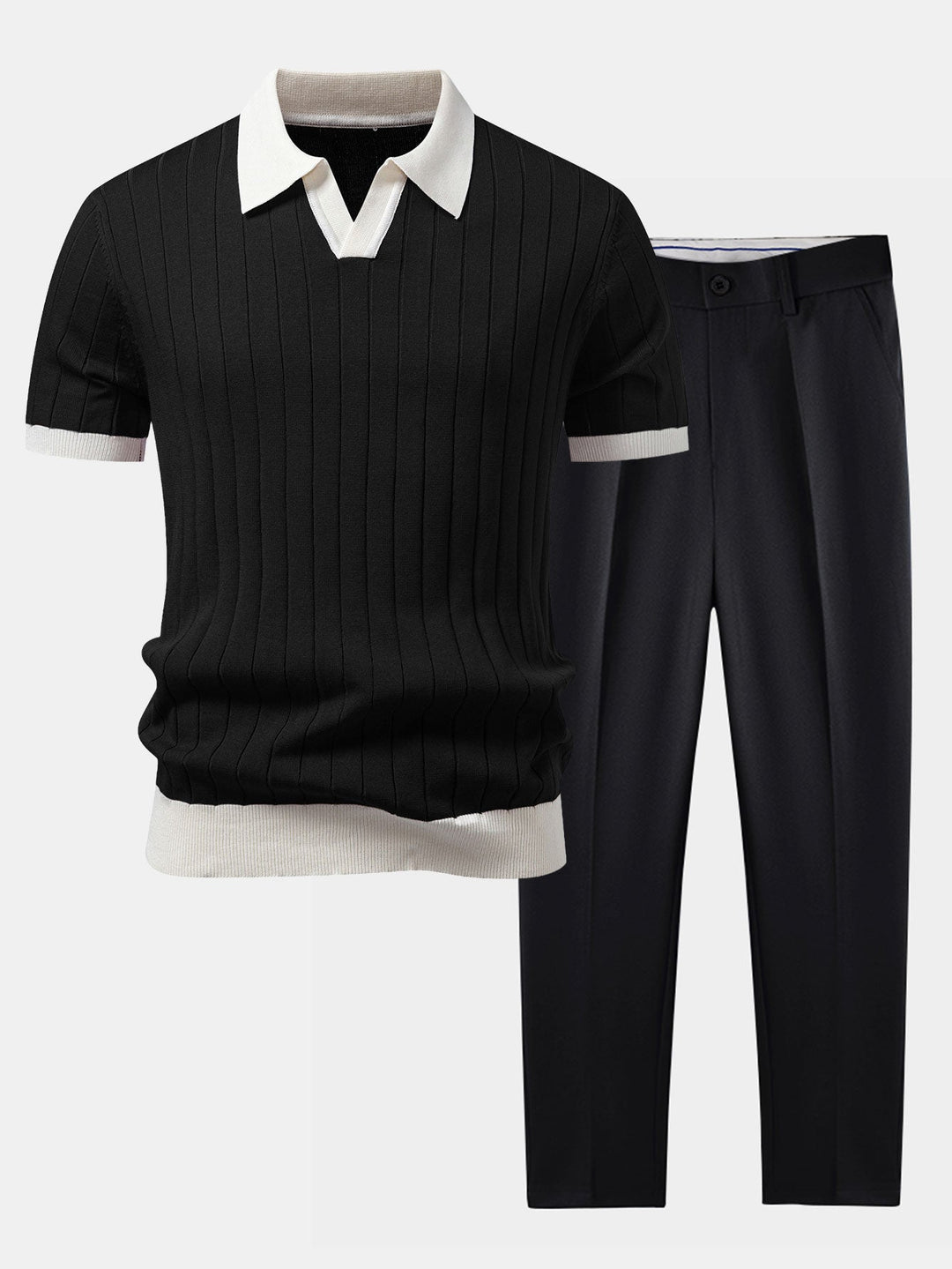 Contrast Trim Stripe Johnny Collar Polo &amp; Slim Fit Tapered Trousers
