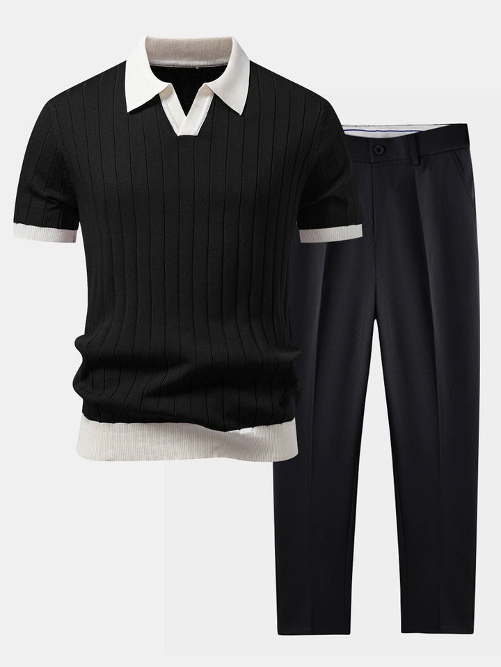 Contrast Trim Stripe Johnny Collar Polo &amp; Slim Fit Tapered Trousers