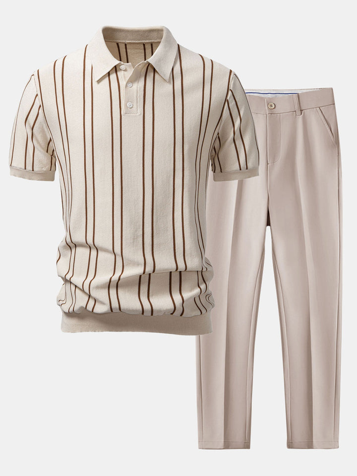Striped Knitted Polo Shirt &amp; Slim Fit Tapered Trousers