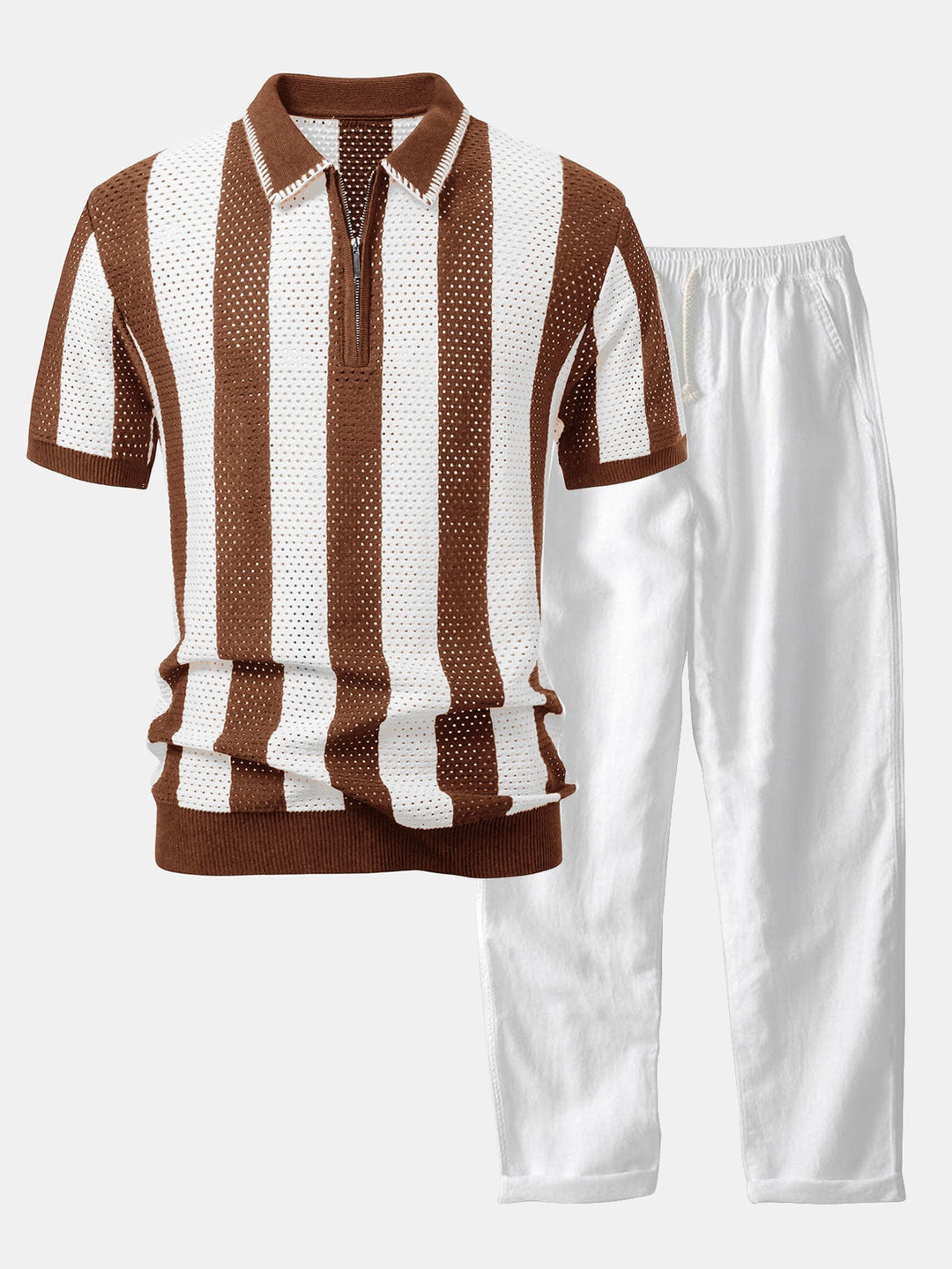 Striped Eyelet Knit Zip Up Polo Shirt &amp; Straight Leg Linen Pants