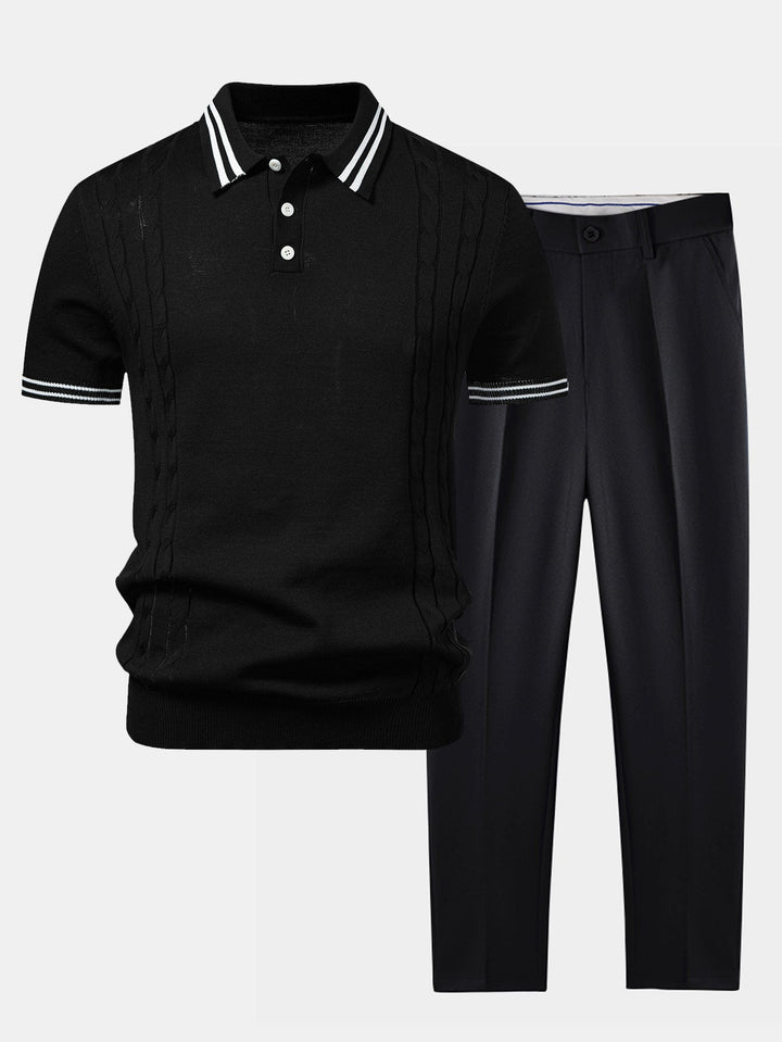 Contrast Trim Twisted Jacquard Knit Polo &amp; Slim Fit Tapered Trousers