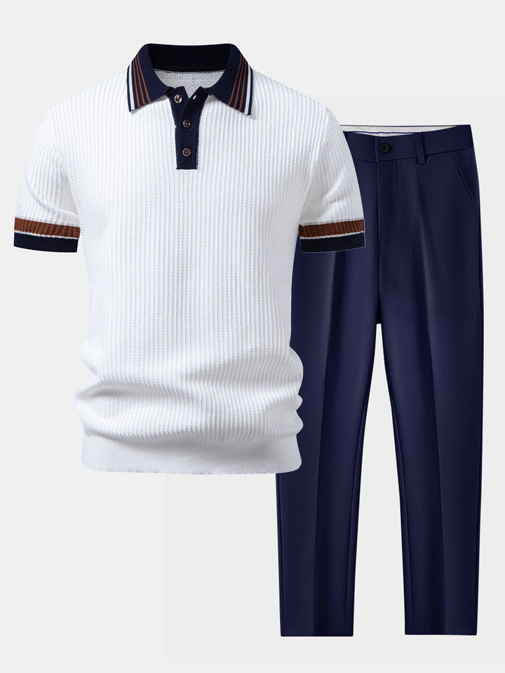 Contrast Stripe Trim Waffle Knit Polo &amp; Slim Fit Tapered Trousers