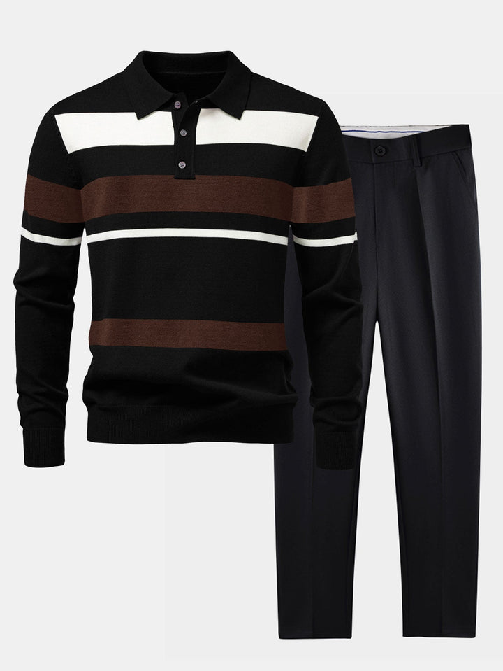 Long Sleeve Stripe Knit Polo Shirt &amp; Slim Fit Tapered Trousers