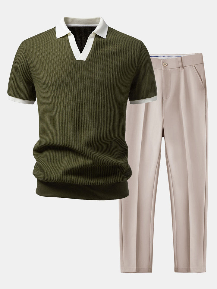Contrast Knit Waffle Johnny Collar Polo &amp; Slim Fit Tapered Trousers