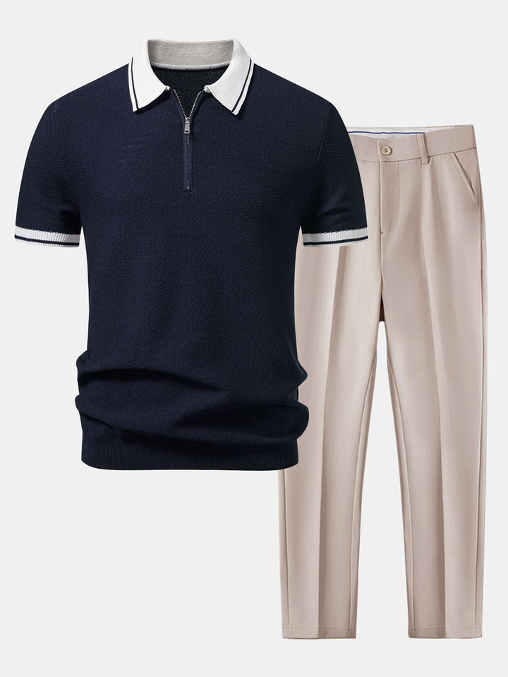 Contrast Zipper Knit Polo &amp; Slim Fit Tapered Trousers