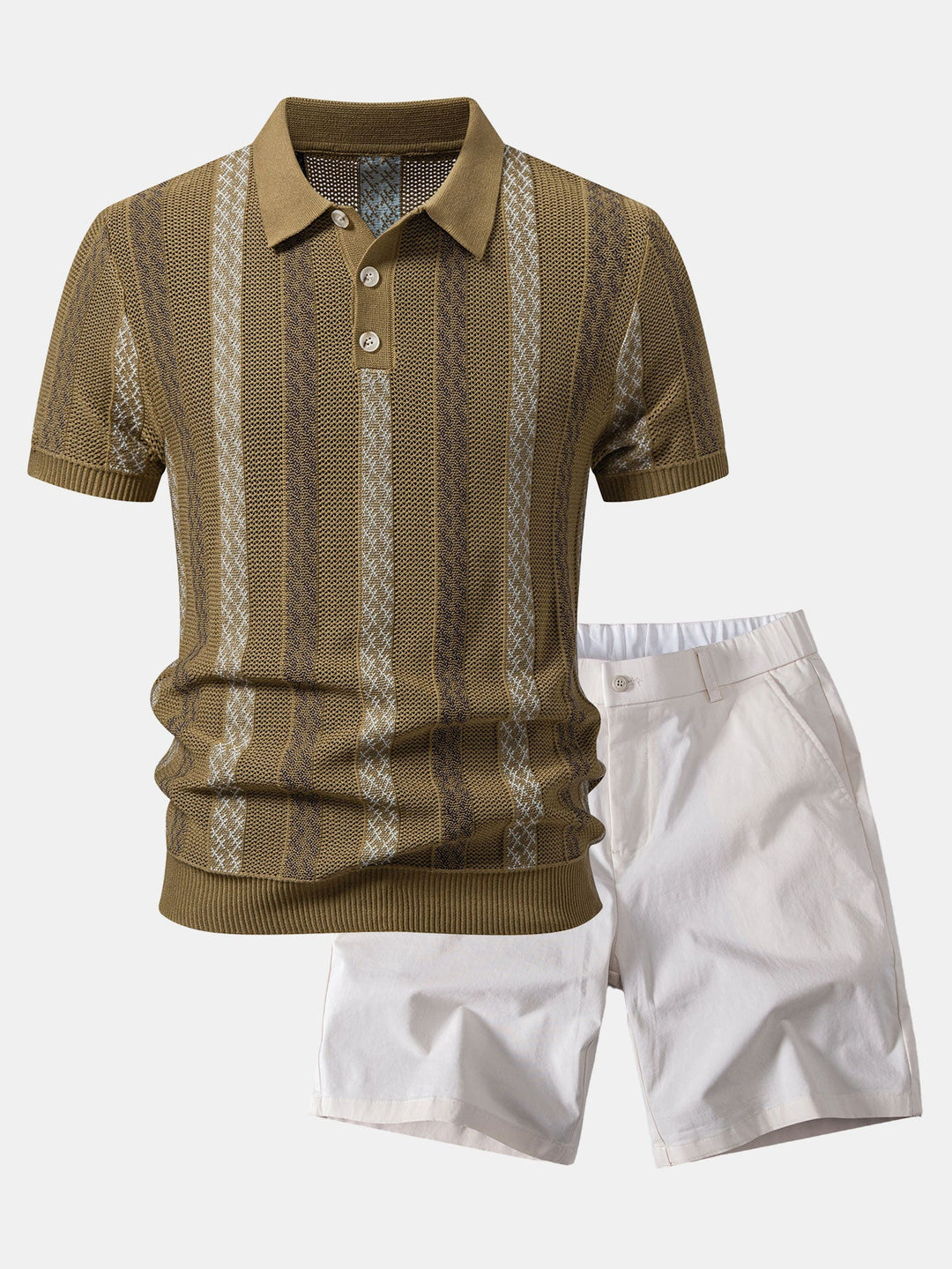 Striped Textured Knit Polo &amp; Elastic Waist Chino Shorts