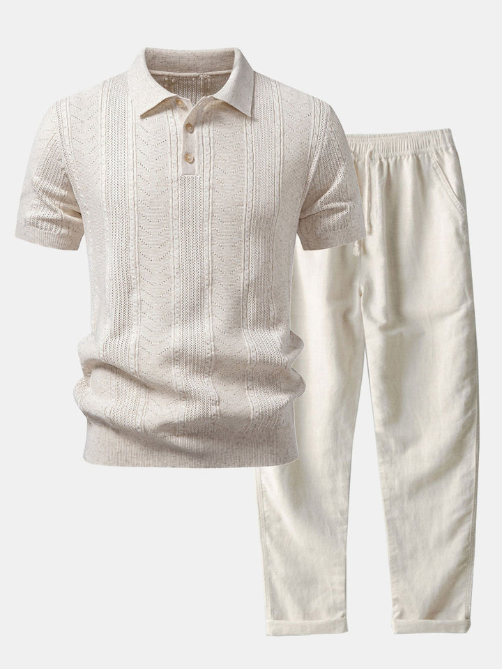 Linen Textured Knit Polo &amp; Straight Leg Linen Pants
