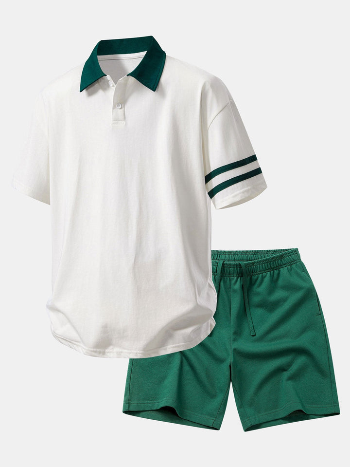 Relax Fit Contrast Collar Polo Shirt &amp; Cotton Drawstring 7" Shorts