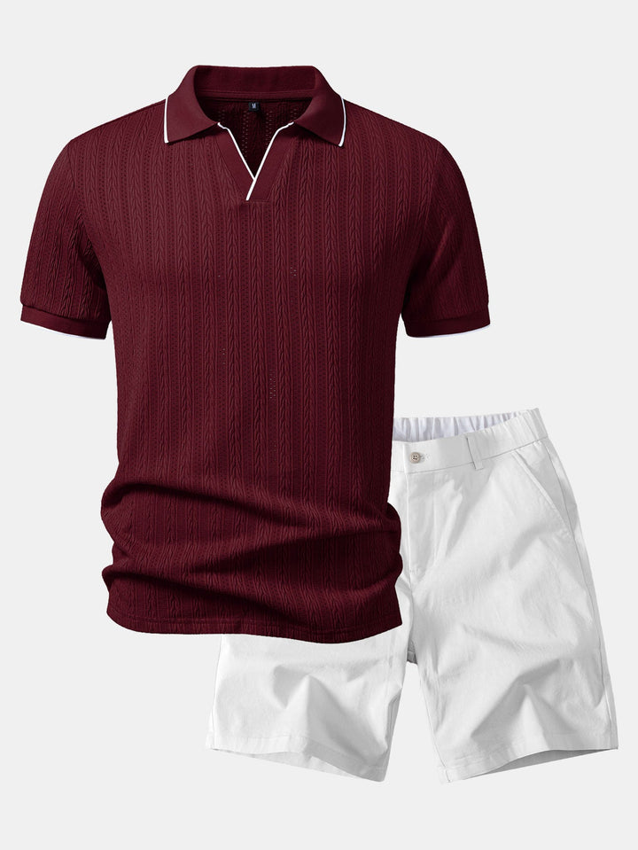 Geometric Jacquard Johnny Collar Polo &amp; Elastic Waist Chino Shorts