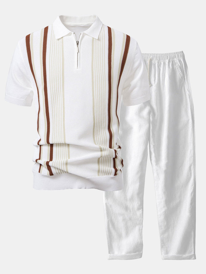 Stripe Knit Zip Up Polo Shirt &amp; Straight Leg Linen Pants