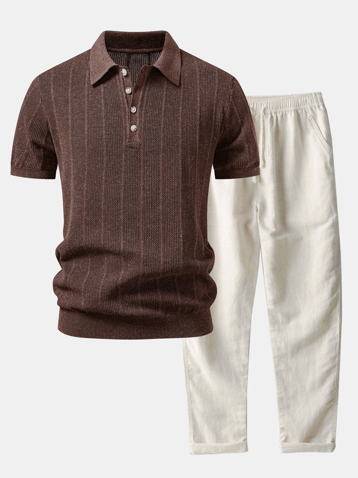 Linen Stripe Open Knit Polo &amp; Straight Leg Linen Pants