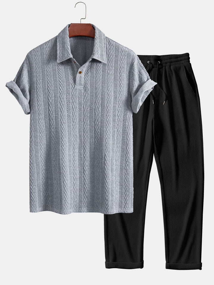Short Sleeve Jacquard Polo &amp; Straight Leg Ribbed Pants