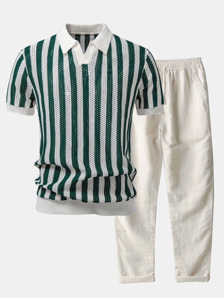 Stripe Johnny Collar Open Knit Polo &amp; Straight Leg Linen Pants