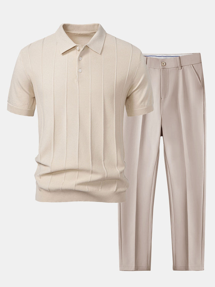 Stripe Jacquard Knit Polo Shirt &amp; Slim Fit Tapered Trousers