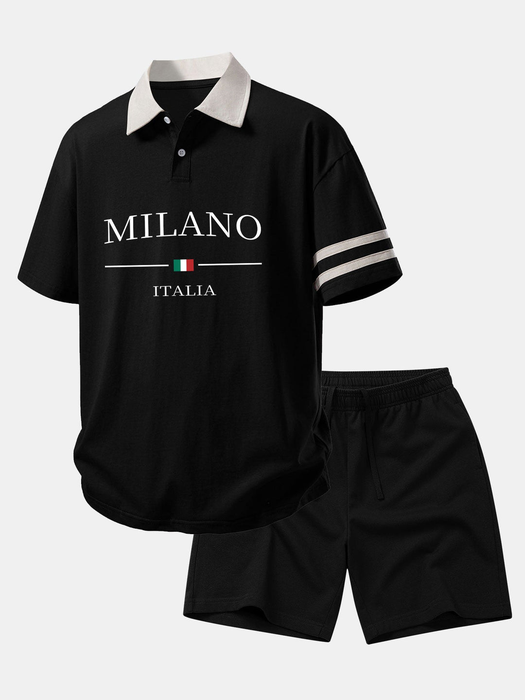 Relax Fit Milano Print Contrast Collar Polo Shirt &amp; Cotton Drawstring 7" Shorts