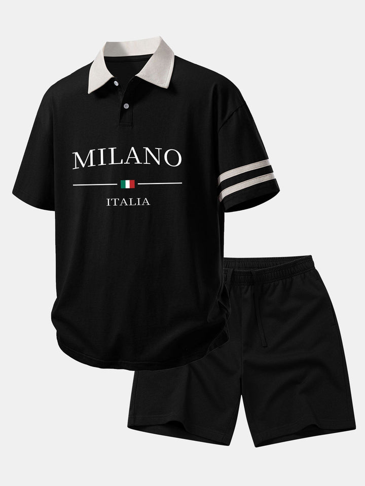 Relax Fit Milano Print Contrast Collar Polo Shirt &amp; Cotton Drawstring 7" Shorts