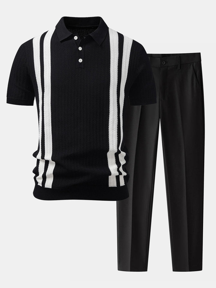 Contrast Textured Knit Polo &amp; Slim Fit Tapered Trousers