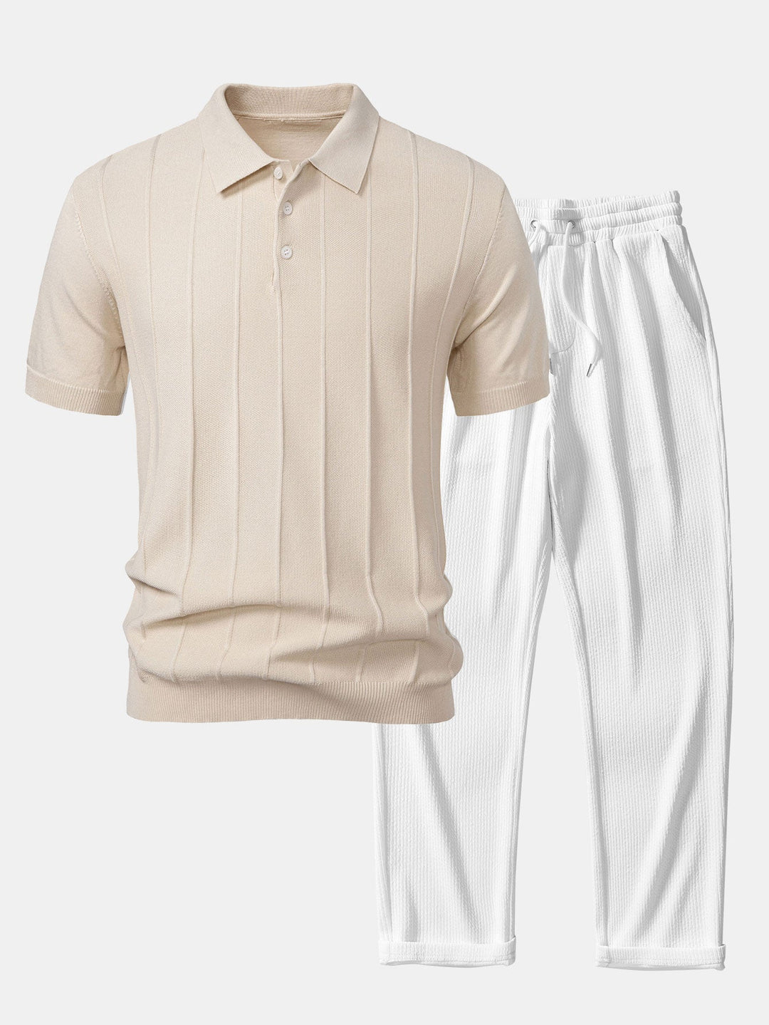 Stripe Jacquard Knit Polo Shirt &amp; Straight Leg Ribbed Pants